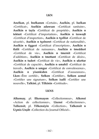 - 162 -
LKN
Anelkan, pl. Inelkanen «Certain», Aselkin, pl. Iselkan
«Certificat», Aselkin adawsan «Certificat sanitaire»,
Aselkin n tayla «Certificat de propriété», Aselkin n
tektert «Certificat d’importation», Aselkin n tesweḍt
«Certificat d’inspection», Aselkin n tɣellist «Certificat de
sécurité», Aselkin n tɣelnewt «Certificat de nationalité»,
Aselkin n tiggezt «Certificat d’inscription», Aselkin n
tlalit «Certificat de naissance», Aselkin n tmeddurt
«Certificat de vie», Aselkin n tmernit «Certificat
d’addition», Aselkin n tmettant «Certificat de décès»,
Aselkin n tudert «Certificat de vie», Aselkin n ukettar
«Certificat de capacité», Aselkin n umahil «Certificat de
travail», Aselkin n umgur «Certificat de convalescence»,
Aselkin n yisenkiden «Certificat d’assurances»,
Lken «Être certifié», Selken «Certifier», Selken azmul
«Certifier une signature», Selken isalli «Certifier une
nouvelle», Talkint, pl. Tilkinin «Certitude».
LKNS
Alkensay, pl. Ilkensayen «Collectionneur», Alkensi
«Action de collectionner», Lkensi «Collectionner»,
Talkensit, pl. Tilkensiyin «Collection», Talkensit n
Uɣmis Unṣib «Collection du Journal Officiel».
 