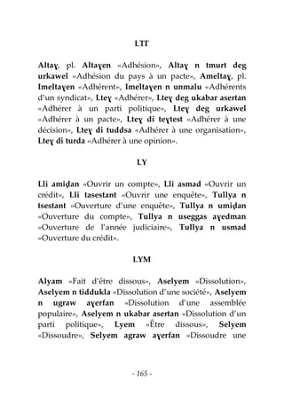 - 165 -
LTƔ
Altaɣ, pl. Altaɣen «Adhésion», Altaɣ n tmurt deg
urkawel «Adhésion du pays à un pacte», Ameltaɣ, pl.
Imeltaɣen «Adhérent», Imeltaɣen n unmalu «Adhérents
d’un syndicat», Lteɣ «Adhérer», Lteɣ deg ukabar asertan
«Adhérer à un parti politique», Lteɣ deg urkawel
«Adhérer à un pacte», Lteɣ di teɣtest «Adhérer à une
décision», Lteɣ di tuddsa «Adhérer à une organisation»,
Lteɣ di turda «Adhérer à une opinion».
LY
Lli amiḍan «Ouvrir un compte», Lli asmad «Ouvrir un
crédit», Lli tasestant «Ouvrir une enquête», Tullya n
tsestant «Ouverture d’une enquête», Tullya n umiḍan
«Ouverture du compte», Tullya n useggas aɣedman
«Ouverture de l’année judiciaire», Tullya n usmad
«Ouverture du crédit».
LYM
Alyam «Fait d’être dissous», Aselyem «Dissolution»,
Aselyem n tiddukla «Dissolution d’une société», Aselyem
n ugraw aɣerfan «Dissolution d’une assemblée
populaire», Aselyem n ukabar asertan «Dissolution d’un
parti politique», Lyem «Être dissous», Selyem
«Dissoudre», Selyem agraw aɣerfan «Dissoudre une
 
