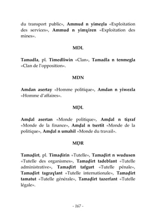 - 167 -
du transport public», Ammud n yimeẓla «Exploitation
des services», Ammud n yimɣiren «Exploitation des
mines».
MDL
Tamadla, pl. Timedliwin «Clan», Tamadla n tenmegla
«Clan de l’opposition».
MDN
Amdan asertay «Homme politique», Amdan n yiwezla
«Homme d’affaires».
MḌL
Amḍal asertan «Monde politique», Amḍal n tiẓraf
«Monde de la finance», Amḍal n tsertit «Monde de la
politique», Amḍal n umahil «Monde du travail».
MḌR
Tamaḍirt, pl. Timaḍirin «Tutelle», Tamaḍirt n wudusen
«Tutelle des organismes», Tamaḍirt tadeblant «Tutelle
administrative», Tamaḍirt tafgurt «Tutelle pénale»,
Tamaḍirt tagraɣlant «Tutelle internationale», Tamaḍirt
tamatut «Tutelle générale», Tamaḍirt tazerfant «Tutelle
légale».
 