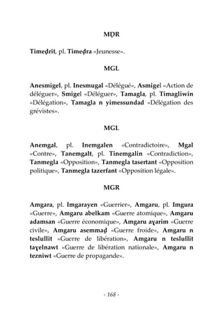 - 168 -
MḌR
Timeḍrit, pl. Timeḍra «Jeunesse».
MGL
Anesmigel, pl. Inesmugal «Délégué», Asmigel «Action de
déléguer», Smigel «Déléguer», Tamagla, pl. Timagliwin
«Délégation», Tamagla n yimessundad «Délégation des
grévistes».
MGL
Anemgal, pl. Inemgalen «Contradictoire», Mgal
«Contre», Tanemgalt, pl. Tinemgalin «Contradiction»,
Tanmegla «Opposition», Tanmegla tasertant «Opposition
politique», Tanmegla tazerfant «Opposition légale».
MGR
Amgara, pl. Imgarayen «Guerrier», Amgaru, pl. Imgura
«Guerre», Amgaru abelkam «Guerre atomique», Amgaru
adamsan «Guerre économique», Amgaru aɣarim «Guerre
civile», Amgaru asemmaḍ «Guerre froide», Amgaru n
teslullit «Guerre de libération», Amgaru n teslullit
taɣelnawt «Guerre de libération nationale», Amgaru n
tezniwt «Guerre de propagande».
 