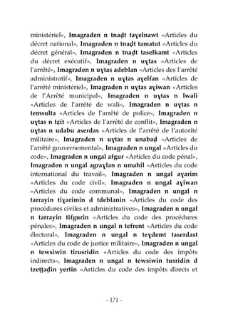 - 171 -
ministériel», Imagraden n tnaḍt taɣelnawt «Articles du
décret national», Imagraden n tnaḍt tamatut «Articles du
décret général», Imagraden n tnaḍt taselkamt «Articles
du décret exécutif», Imagraden n uɣtas «Articles de
l’arrêté», Imagraden n uɣtas adeblan «Articles des l’arrêté
administratif», Imagraden n uɣtas aɣelfan «Articles de
l’arrêté ministériel», Imagraden n uɣtas aɣiwan «Articles
de l’Arrêté municipal», Imagraden n uɣtas n lwali
«Articles de l’arrêté de wali», Imagraden n uɣtas n
temsulta «Articles de l’arrêté de police», Imagraden n
uɣtas n tẓit «Articles de l’arrêté de conflit», Imagraden n
uɣtas n udabu aserdas «Articles de l’arrêté de l’autorité
militaire», Imagraden n uɣtas n unabaḍ «Articles de
l’arrêté gouvernemental», Imagraden n ungal «Articles du
code», Imagraden n ungal afgur «Articles du code pénal»,
Imagraden n ungal agraɣlan n umahil «Articles du code
international du travail», Imagraden n ungal aɣarim
«Articles du code civil», Imagraden n ungal aɣiwan
«Articles du code communal», Imagraden n ungal n
tarrayin tiɣarimin d tdeblanin «Articles du code des
procédures civiles et administratives», Imagraden n ungal
n tarrayin tifgurin «Articles du code des procédures
pénales», Imagraden n ungal n tefrent «Articles du code
électoral», Imagraden n ungal n teɣdemt taserdast
«Articles du code de justice militaire», Imagraden n ungal
n tewsiwin tirusridin «Articles du code des impôts
indirects», Imagraden n ungal n tewsiwin tusridin d
tzeṭṭaḍin yertin «Articles du code des impôts directs et
 