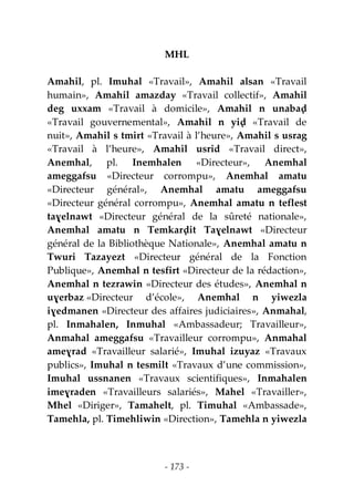 - 173 -
MHL
Amahil, pl. Imuhal «Travail», Amahil alsan «Travail
humain», Amahil amazday «Travail collectif», Amahil
deg uxxam «Travail à domicile», Amahil n unabaḍ
«Travail gouvernemental», Amahil n yiḍ «Travail de
nuit», Amahil s tmirt «Travail à l’heure», Amahil s usrag
«Travail à l’heure», Amahil usrid «Travail direct»,
Anemhal, pl. Inemhalen «Directeur», Anemhal
ameggafsu «Directeur corrompu», Anemhal amatu
«Directeur général», Anemhal amatu ameggafsu
«Directeur général corrompu», Anemhal amatu n teflest
taɣelnawt «Directeur général de la sûreté nationale»,
Anemhal amatu n Temkarḍit Taɣelnawt «Directeur
général de la Bibliothèque Nationale», Anemhal amatu n
Twuri Tazayezt «Directeur général de la Fonction
Publique», Anemhal n tesfirt «Directeur de la rédaction»,
Anemhal n tezrawin «Directeur des études», Anemhal n
uɣerbaz «Directeur d’école», Anemhal n yiwezla
iɣedmanen «Directeur des affaires judiciaires», Anmahal,
pl. Inmahalen, Inmuhal «Ambassadeur; Travailleur»,
Anmahal ameggafsu «Travailleur corrompu», Anmahal
ameɣrad «Travailleur salarié», Imuhal izuyaz «Travaux
publics», Imuhal n tesmilt «Travaux d’une commission»,
Imuhal ussnanen «Travaux scientifiques», Inmahalen
imeɣraden «Travailleurs salariés», Mahel «Travailler»,
Mhel «Diriger», Tamahelt, pl. Timuhal «Ambassade»,
Tamehla, pl. Timehliwin «Direction», Tamehla n yiwezla
 
