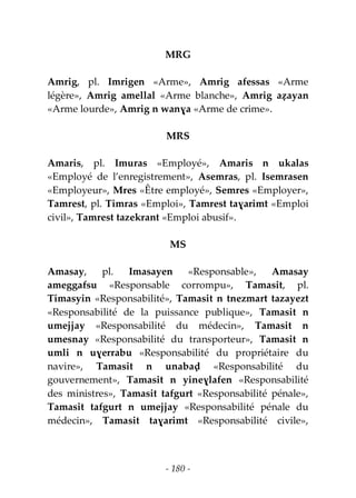 - 180 -
MRG
Amrig, pl. Imrigen «Arme», Amrig afessas «Arme
légère», Amrig amellal «Arme blanche», Amrig aẓayan
«Arme lourde», Amrig n wanɣa «Arme de crime».
MRS
Amaris, pl. Imuras «Employé», Amaris n ukalas
«Employé de l’enregistrement», Asemras, pl. Isemrasen
«Employeur», Mres «Être employé», Semres «Employer»,
Tamrest, pl. Timras «Emploi», Tamrest taɣarimt «Emploi
civil», Tamrest tazekrant «Emploi abusif».
MS
Amasay, pl. Imasayen «Responsable», Amasay
ameggafsu «Responsable corrompu», Tamasit, pl.
Timasyin «Responsabilité», Tamasit n tnezmart tazayezt
«Responsabilité de la puissance publique», Tamasit n
umejjay «Responsabilité du médecin», Tamasit n
umesnay «Responsabilité du transporteur», Tamasit n
umli n uɣerrabu «Responsabilité du propriétaire du
navire», Tamasit n unabaḍ «Responsabilité du
gouvernement», Tamasit n yineɣlafen «Responsabilité
des ministres», Tamasit tafgurt «Responsabilité pénale»,
Tamasit tafgurt n umejjay «Responsabilité pénale du
médecin», Tamasit taɣarimt «Responsabilité civile»,
 