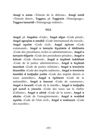 - 192 -
Anagi n ustan «Témoin de la défense», Anagi usrid
«Témoin direct», Taggwa, pl. Taggiwin «Témoignage»,
Taggwa tarusridt «Témoignage indirect».
NGL
Angal, pl. Angalen «Code», Angal afgur «Code pénal»,
Angal agraɣlan n umahil «Code international du travail»,
Angal aɣarim «Code civil», Angal aɣiwan «Code
communal», Angal n tarrayin tiɣarimin d tdeblanin
«Code des procédures civiles et administratives», Angal n
tarrayin tifgurin «Code des procédures pénales», Angal n
tefrent «Code électoral», Angal n teɣdemt tadeblant
«Code de la justice administrative», Angal n teɣdemt
taserdast «Code de justice militaire», Angal n tewsiwin
tirusridin «Code des impôts indirects», Angal n tewsiwin
tusridin d tzeṭṭaḍin yertin «Code des impôts directs et
taxes assimilées», Angal n tɣelnewt «Code de la
nationalité», Angal n tnezzut «Code de commerce»,
Angal n twacult «Code de la famille», Angal n tzeṭṭaḍin
ɣef uzwil n yiwezla «Code des taxes sur le chiffre
d’affaires», Angal n ubrid «Code de la route», Angal n
ukalas «Code de l’enregistrement», Angal n waddad
aɣarim «Code de l’état civil», Angal n wulzuzen «Code
des marchés».
 
