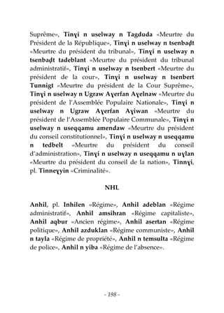 - 198 -
Suprême», Tinɣi n uselway n Tagduda «Meurtre du
Président de la République», Tinɣi n uselway n tsenbaḍt
«Meurtre du président du tribunal», Tinɣi n uselway n
tsenbaḍt tadeblant «Meurtre du président du tribunal
administratif», Tinɣi n uselway n tsenbert «Meurtre du
président de la cour», Tinɣi n uselway n tsenbert
Tunnigt «Meurtre du président de la Cour Suprême»,
Tinɣi n uselway n Ugraw Aɣerfan Aɣelnaw «Meurtre du
président de l’Assemblée Populaire Nationale», Tinɣi n
uselway n Ugraw Aɣerfan Aɣiwan «Meurtre du
président de l’Assemblée Populaire Communale», Tinɣi n
uselway n useqqamu amendaw «Meurtre du président
du conseil constitutionnel», Tinɣi n uselway n useqqamu
n tedbelt «Meurtre du président du conseil
d’administration», Tinɣi n uselway n useqqamu n uɣlan
«Meurtre du président du conseil de la nation», Tinnɣi,
pl. Tinneɣyin «Criminalité».
NHL
Anhil, pl. Inhilen «Régime», Anhil adeblan «Régime
administratif», Anhil amsihran «Régime capitaliste»,
Anhil aqbur «Ancien régime», Anhil asertan «Régime
politique», Anhil azduklan «Régime communiste», Anhil
n tayla «Régime de propriété», Anhil n temsulta «Régime
de police», Anhil n yiba «Régime de l’absence».
 