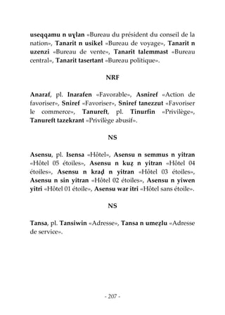 - 207 -
useqqamu n uɣlan «Bureau du président du conseil de la
nation», Tanarit n usikel «Bureau de voyage», Tanarit n
uzenzi «Bureau de vente», Tanarit talemmast «Bureau
central», Tanarit tasertant «Bureau politique».
NRF
Anaraf, pl. Inarafen «Favorable», Asniref «Action de
favoriser», Sniref «Favoriser», Sniref tanezzut «Favoriser
le commerce», Tanureft, pl. Tinurfin «Privilège»,
Tanureft tazekrant «Privilège abusif».
NS
Asensu, pl. Isensa «Hôtel», Asensu n semmus n yitran
«Hôtel 05 étoiles», Asensu n kuẓ n yitran «Hôtel 04
étoiles», Asensu n kraḍ n yitran «Hôtel 03 étoiles»,
Asensu n sin yitran «Hôtel 02 étoiles», Asensu n yiwen
yitri «Hôtel 01 étoile», Asensu war itri «Hôtel sans étoile».
NS
Tansa, pl. Tansiwin «Adresse», Tansa n umeẓlu «Adresse
de service».
 