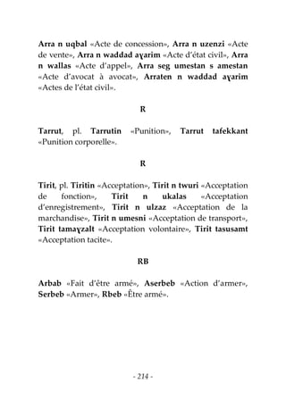 - 214 -
Arra n uqbal «Acte de concession», Arra n uzenzi «Acte
de vente», Arra n waddad aɣarim «Acte d’état civil», Arra
n wallas «Acte d’appel», Arra seg umestan s amestan
«Acte d’avocat à avocat», Arraten n waddad aɣarim
«Actes de l’état civil».
R
Tarrut, pl. Tarrutin «Punition», Tarrut tafekkant
«Punition corporelle».
R
Tirit, pl. Tiritin «Acceptation», Tirit n twuri «Acceptation
de fonction», Tirit n ukalas «Acceptation
d’enregistrement», Tirit n ulzaz «Acceptation de la
marchandise», Tirit n umesni «Acceptation de transport»,
Tirit tamaɣzalt «Acceptation volontaire», Tirit tasusamt
«Acceptation tacite».
RB
Arbab «Fait d’être armé», Aserbeb «Action d’armer»,
Serbeb «Armer», Rbeb «Être armé».
 