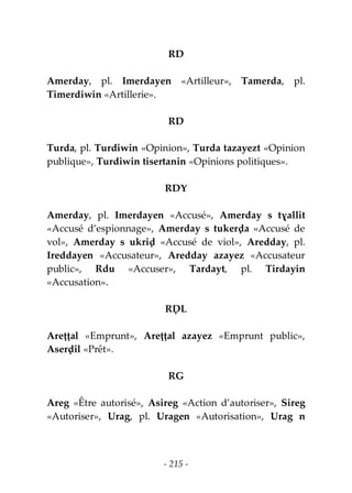 - 215 -
RD
Amerday, pl. Imerdayen «Artilleur», Tamerda, pl.
Timerdiwin «Artillerie».
RD
Turda, pl. Turdiwin «Opinion», Turda tazayezt «Opinion
publique», Turdiwin tisertanin «Opinions politiques».
RDY
Amerday, pl. Imerdayen «Accusé», Amerday s tɣallit
«Accusé d’espionnage», Amerday s tukerḍa «Accusé de
vol», Amerday s ukriḍ «Accusé de viol», Aredday, pl.
Ireddayen «Accusateur», Aredday azayez «Accusateur
public», Rdu «Accuser», Tardayt, pl. Tirdayin
«Accusation».
RḌL
Areṭṭal «Emprunt», Areṭṭal azayez «Emprunt public»,
Aserḍil «Prêt».
RG
Areg «Être autorisé», Asireg «Action d’autoriser», Sireg
«Autoriser», Urag, pl. Uragen «Autorisation», Urag n
 
