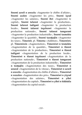 - 219 -
Snerni azwil n uwezlu «Augmenter le chiffre d’affaire»,
Snerni azalen «Augmenter les prix», Snerni iɣrad
«Augmenter les salaires», Snerni ihri «Augmenter le
capital», Snerni tafarest «Augmenter la production»,
Snerni tafarest tadigant «Augmenter la production
locale», Snerni tafarest taɣelnawt «Augmenter la
production nationale», Snerni tafarest tamgurant
«Augmenter la production industrielle», Snerni tasmekta
«Augmenter la quantité», Snerni tazeṭṭaḍin «Augmenter
les taxes», Timernit, pl. Timerna «Addition», Timerniwt,
pl. Timerniwin «Augmentation», Timerniwt n tesmekta
«Augmentation de la quantité», Timerniwt n tfarest
«Augmentation de la production», Timerniwt n tfarest
tadigant «Augmentation de la production locale»,
Timerniwt n tfarest taɣelnawt «Augmentation de la
production nationale», Timerniwt n tfarest tamgurant
«Augmentation de la production industrielle», Timerniwt
n tzeṭṭaḍin «Augmentation des taxes», Timerniwt n
urured «Augmentation de la vitesse», Timerniwt n uzwil
n uwezlu «Augmentation du chiffre d’affaire», Timerniwt
n wazalen «Augmentation des prix», Timerniwt n yiɣrad
«Augmentation des salaires», Timerniwt n yihri
«Augmentation du capital», Timerniwt n yihri n tiddukla
«Augmentation du capital social».
 