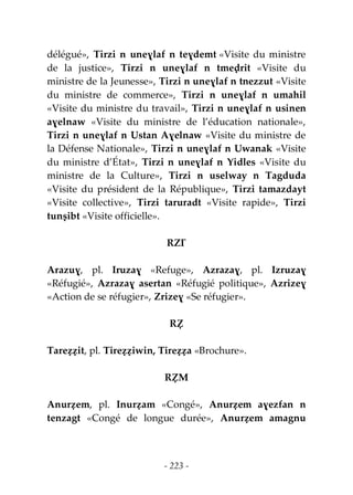- 223 -
délégué», Tirzi n uneɣlaf n teɣdemt «Visite du ministre
de la justice», Tirzi n uneɣlaf n tmeḍrit «Visite du
ministre de la Jeunesse», Tirzi n uneɣlaf n tnezzut «Visite
du ministre de commerce», Tirzi n uneɣlaf n umahil
«Visite du ministre du travail», Tirzi n uneɣlaf n usinen
aɣelnaw «Visite du ministre de l’éducation nationale»,
Tirzi n uneɣlaf n Ustan Aɣelnaw «Visite du ministre de
la Défense Nationale», Tirzi n uneɣlaf n Uwanak «Visite
du ministre d’État», Tirzi n uneɣlaf n Yidles «Visite du
ministre de la Culture», Tirzi n uselway n Tagduda
«Visite du président de la République», Tirzi tamazdayt
«Visite collective», Tirzi taruradt «Visite rapide», Tirzi
tunṣibt «Visite officielle».
RZƔ
Arazuɣ, pl. Iruzaɣ «Refuge», Azrazaɣ, pl. Izruzaɣ
«Réfugié», Azrazaɣ asertan «Réfugié politique», Azrizeɣ
«Action de se réfugier», Zrizeɣ «Se réfugier».
RẒ
Tareẓẓit, pl. Tireẓẓiwin, Tireẓẓa «Brochure».
RẒM
Anurẓem, pl. Inurẓam «Congé», Anurẓem aɣezfan n
tenzagt «Congé de longue durée», Anurẓem amagnu
 