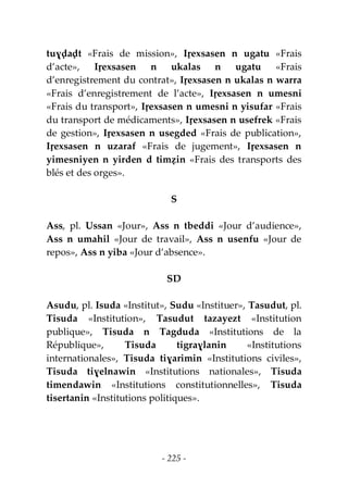 - 225 -
tuɣḍaḍt «Frais de mission», Iṛexsasen n ugatu «Frais
d’acte», Iṛexsasen n ukalas n ugatu «Frais
d’enregistrement du contrat», Iṛexsasen n ukalas n warra
«Frais d’enregistrement de l’acte», Iṛexsasen n umesni
«Frais du transport», Iṛexsasen n umesni n yisufar «Frais
du transport de médicaments», Iṛexsasen n usefrek «Frais
de gestion», Iṛexsasen n usegded «Frais de publication»,
Iṛexsasen n uzaraf «Frais de jugement», Iṛexsasen n
yimesniyen n yirden d timẓin «Frais des transports des
blés et des orges».
S
Ass, pl. Ussan «Jour», Ass n tbeddi «Jour d’audience»,
Ass n umahil «Jour de travail», Ass n usenfu «Jour de
repos», Ass n yiba «Jour d’absence».
SD
Asudu, pl. Isuda «Institut», Sudu «Instituer», Tasudut, pl.
Tisuda «Institution», Tasudut tazayezt «Institution
publique», Tisuda n Tagduda «Institutions de la
République», Tisuda tigraɣlanin «Institutions
internationales», Tisuda tiɣarimin «Institutions civiles»,
Tisuda tiɣelnawin «Institutions nationales», Tisuda
timendawin «Institutions constitutionnelles», Tisuda
tisertanin «Institutions politiques».
 