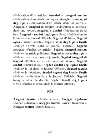 - 229 -
«Publication d’un article», Asegded n umagrad asertan
«Publication d’un article politique», Asegded n umagrad
deg uɣmis «Publication d’un article dans un journal»,
Asegded n umagrad di tesɣunt «Publication d’un article
dans une revue», Asegded n usaḍuf «Publication de la
loi», Asegded n usaḍuf deg Uɣmis Unṣib «Publication de
la loi dans le Journal Officiel», Segded «Publier», Segded
aɣtas «Publier l’arrêté», Segded aɣtas deg Uɣmis Unṣib
«Publier l’arrêté dans le Journal Officiel», Segded
amagrad «Publier un article», Segded amagrad asertan
«Publier un article politique», Segded amagrad deg uɣmis
«Publier un article dans un journal», Segded amagrad di
tesɣunt «Publier un article dans une revue», Segded
asaḍuf «Publier la loi», Segded asaḍuf deg Uɣmis Unṣib
«Publier la loi dans le Journal Officiel», Segded taɣtest
«Publier la décision», Segded taɣtest deg Uɣmis Unṣib
«Publier la décision dans le Journal Officiel», Segded
tanaḍt «Publier le décret», Segded tanaḍt deg Uɣmis
Unṣib «Publier le décret dans le Journal Officiel».
SGS
Aseggas aɣarim «Année civile», Aseggas aɣedman
«Année judiciaire», Aseggas anaẓraf «Année financière»,
Aseggas azeṭṭan «Année fiscale».
 
