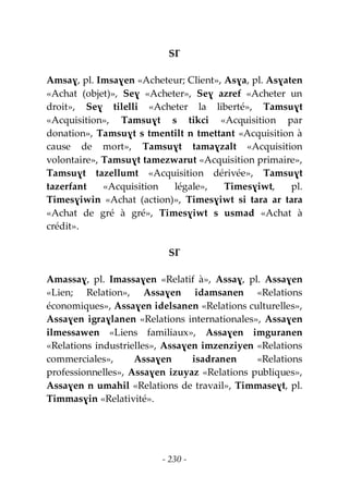 - 230 -
SƔ
Amsaɣ, pl. Imsaɣen «Acheteur; Client», Asɣa, pl. Asɣaten
«Achat (objet)», Seɣ «Acheter», Seɣ azref «Acheter un
droit», Seɣ tilelli «Acheter la liberté», Tamsuɣt
«Acquisition», Tamsuɣt s tikci «Acquisition par
donation», Tamsuɣt s tmentilt n tmettant «Acquisition à
cause de mort», Tamsuɣt tamaɣzalt «Acquisition
volontaire», Tamsuɣt tamezwarut «Acquisition primaire»,
Tamsuɣt tazellumt «Acquisition dérivée», Tamsuɣt
tazerfant «Acquisition légale», Timesɣiwt, pl.
Timesɣiwin «Achat (action)», Timesɣiwt si tara ar tara
«Achat de gré à gré», Timesɣiwt s usmad «Achat à
crédit».
SƔ
Amassaɣ, pl. Imassaɣen «Relatif à», Assaɣ, pl. Assaɣen
«Lien; Relation», Assaɣen idamsanen «Relations
économiques», Assaɣen idelsanen «Relations culturelles»,
Assaɣen igraɣlanen «Relations internationales», Assaɣen
ilmessawen «Liens familiaux», Assaɣen imguranen
«Relations industrielles», Assaɣen imzenziyen «Relations
commerciales», Assaɣen isadranen «Relations
professionnelles», Assaɣen izuyaz «Relations publiques»,
Assaɣen n umahil «Relations de travail», Timmaseɣt, pl.
Timmasɣin «Relativité».
 