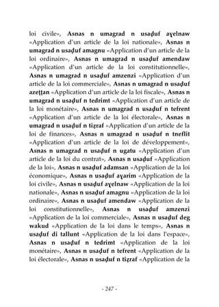 - 247 -
loi civile», Asnas n umagrad n usaḍuf aɣelnaw
«Application d’un article de la loi nationale», Asnas n
umagrad n usaḍuf amagnu «Application d’un article de la
loi ordinaire», Asnas n umagrad n usaḍuf amendaw
«Application d’un article de la loi constitutionnelle»,
Asnas n umagrad n usaḍuf amzenzi «Application d’un
article de la loi commerciale», Asnas n umagrad n usaḍuf
azeṭṭan «Application d’un article de la loi fiscale», Asnas n
umagrad n usaḍuf n tedrimt «Application d’un article de
la loi monétaire», Asnas n umagrad n usaḍuf n tefrent
«Application d’un article de la loi électorale», Asnas n
umagrad n usaḍuf n tiẓraf «Application d’un article de la
loi de finances», Asnas n umagrad n usaḍuf n tneflit
«Application d’un article de la loi de développement»,
Asnas n umagrad n usaḍuf n ugatu «Application d’un
article de la loi du contrat», Asnas n usaḍuf «Application
de la loi», Asnas n usaḍuf adamsan «Application de la loi
économique», Asnas n usaḍuf aɣarim «Application de la
loi civile», Asnas n usaḍuf aɣelnaw «Application de la loi
nationale», Asnas n usaḍuf amagnu «Application de la loi
ordinaire», Asnas n usaḍuf amendaw «Application de la
loi constitutionnelle», Asnas n usaḍuf amzenzi
«Application de la loi commerciale», Asnas n usaḍuf deg
wakud «Application de la loi dans le temps», Asnas n
usaḍuf di tallunt «Application de la loi dans l’espace»,
Asnas n usaḍuf n tedrimt «Application de la loi
monétaire», Asnas n usaḍuf n tefrent «Application de la
loi électorale», Asnas n usaḍuf n tiẓraf «Application de la
 
