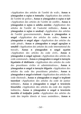 - 249 -
«Application des articles de l’arrêté de wali», Asnas n
yimagraden n uɣtas n temsulta «Application des articles
de l’arrêté de police», Asnas n yimagraden n uɣtas n tẓit
«Application des articles de l’arrêté de conflit», Asnas n
yimagraden n uɣtas n udabu aserdas «Application des
articles de l’arrêté de l’autorité militaire», Asnas n
yimagraden n uɣtas n unabaḍ «Application des articles
de l’arrêté gouvernemental», Asnas n yimagraden n
ungal «Application des articles du code», Asnas n
yimagraden n ungal afgur «Application des articles du
code pénal», Asnas n yimagraden n ungal agraɣlan n
umahil «Application des articles du code international du
travail», Asnas n yimagraden n ungal aɣarim
«Application des articles du code civil», Asnas n
yimagraden n ungal aɣiwan «Application des articles du
code communal», Asnas n yimagraden n ungal n tarrayin
tiɣarimin d tdeblanin «Application des articles du code
des procédures civiles et administratives», Asnas n
yimagraden n ungal n tarrayin tifgurin «Application des
articles du code des procédures pénales», Asnas n
yimagraden n ungal n tefrent «Application des articles du
code électoral», Asnas n yimagraden n ungal n teɣdemt
taserdast «Application des articles du code de justice
militaire», Asnas n yimagraden n ungal n tewsiwin
tirusridin «Application des articles du code des impôts
indirects», Asnas n yimagraden n ungal n tewsiwin
tusridin d tzeṭṭaḍin yertin «Application des articles du
code des impôts directs et taxes assimilées», Asnas n
 