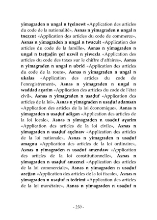 - 250 -
yimagraden n ungal n tɣelnewt «Application des articles
du code de la nationalité», Asnas n yimagraden n ungal n
tnezzut «Application des articles du code de commerce»,
Asnas n yimagraden n ungal n twacult «Application des
articles du code de la famille», Asnas n yimagraden n
ungal n tzeṭṭaḍin ɣef uzwil n yiwezla «Application des
articles du code des taxes sur le chiffre d’affaires», Asnas
n yimagraden n ungal n ubrid «Application des articles
du code de la route», Asnas n yimagraden n ungal n
ukalas «Application des articles du code de
l’enregistrement», Asnas n yimagraden n ungal n
waddad aɣarim «Application des articles du code de l’état
civil», Asnas n yimagraden n usaḍuf «Application des
articles de la loi», Asnas n yimagraden n usaḍuf adamsan
«Application des articles de la loi économique», Asnas n
yimagraden n usaḍuf adigan «Application des articles de
la loi locale», Asnas n yimagraden n usaḍuf aɣarim
«Application des articles de la loi civile», Asnas n
yimagraden n usaḍuf aɣelnaw «Application des articles
de la loi nationale», Asnas n yimagraden n usaḍuf
amagnu «Application des articles de la loi ordinaire»,
Asnas n yimagraden n usaḍuf amendaw «Application
des articles de la loi constitutionnelle», Asnas n
yimagraden n usaḍuf amzenzi «Application des articles
de la loi commerciale», Asnas n yimagraden n usaḍuf
azeṭṭan «Application des articles de la loi fiscale», Asnas n
yimagraden n usaḍuf n tedrimt «Application des articles
de la loi monétaire», Asnas n yimagraden n usaḍuf n
 