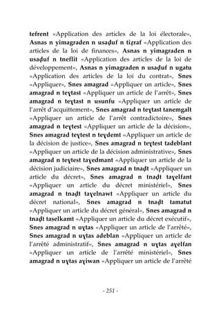 - 251 -
tefrent «Application des articles de la loi électorale»,
Asnas n yimagraden n usaḍuf n tiẓraf «Application des
articles de la loi de finances», Asnas n yimagraden n
usaḍuf n tneflit «Application des articles de la loi de
développement», Asnas n yimagraden n usaḍuf n ugatu
«Application des articles de la loi du contrat», Snes
«Appliquer», Snes amagrad «Appliquer un article», Snes
amagrad n teɣtast «Appliquer un article de l’arrêt», Snes
amagrad n teɣtast n usunfu «Appliquer un article de
l’arrêt d’acquittement», Snes amagrad n teɣtast tanemgalt
«Appliquer un article de l’arrêt contradictoire», Snes
amagrad n teɣtest «Appliquer un article de la décision»,
Snes amagrad teɣtest n teɣdemt «Appliquer un article de
la décision de justice», Snes amagrad n teɣtest tadeblant
«Appliquer un article de la décision administrative», Snes
amagrad n teɣtest taɣedmant «Appliquer un article de la
décision judiciaire», Snes amagrad n tnaḍt «Appliquer un
article du décret», Snes amagrad n tnaḍt taɣelfant
«Appliquer un article du décret ministériel», Snes
amagrad n tnaḍt taɣelnawt «Appliquer un article du
décret national», Snes amagrad n tnaḍt tamatut
«Appliquer un article du décret général», Snes amagrad n
tnaḍt taselkamt «Appliquer un article du décret exécutif»,
Snes amagrad n uɣtas «Appliquer un article de l’arrêté»,
Snes amagrad n uɣtas adeblan «Appliquer un article de
l’arrêté administratif», Snes amagrad n uɣtas aɣelfan
«Appliquer un article de l’arrêté ministériel», Snes
amagrad n uɣtas aɣiwan «Appliquer un article de l’arrêté
 