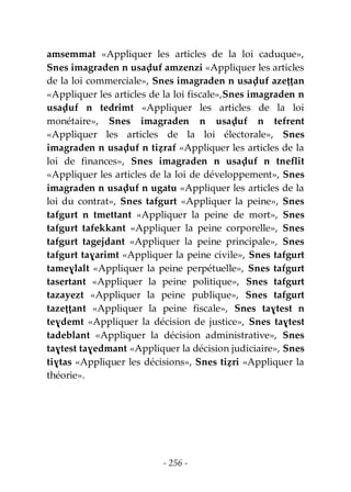 - 256 -
amsemmat «Appliquer les articles de la loi caduque»,
Snes imagraden n usaḍuf amzenzi «Appliquer les articles
de la loi commerciale», Snes imagraden n usaḍuf azeṭṭan
«Appliquer les articles de la loi fiscale»,Snes imagraden n
usaḍuf n tedrimt «Appliquer les articles de la loi
monétaire», Snes imagraden n usaḍuf n tefrent
«Appliquer les articles de la loi électorale», Snes
imagraden n usaḍuf n tiẓraf «Appliquer les articles de la
loi de finances», Snes imagraden n usaḍuf n tneflit
«Appliquer les articles de la loi de développement», Snes
imagraden n usaḍuf n ugatu «Appliquer les articles de la
loi du contrat», Snes tafgurt «Appliquer la peine», Snes
tafgurt n tmettant «Appliquer la peine de mort», Snes
tafgurt tafekkant «Appliquer la peine corporelle», Snes
tafgurt tagejdant «Appliquer la peine principale», Snes
tafgurt taɣarimt «Appliquer la peine civile», Snes tafgurt
tameɣlalt «Appliquer la peine perpétuelle», Snes tafgurt
tasertant «Appliquer la peine politique», Snes tafgurt
tazayezt «Appliquer la peine publique», Snes tafgurt
tazeṭṭant «Appliquer la peine fiscale», Snes taɣtest n
teɣdemt «Appliquer la décision de justice», Snes taɣtest
tadeblant «Appliquer la décision administrative», Snes
taɣtest taɣedmant «Appliquer la décision judiciaire», Snes
tiɣtas «Appliquer les décisions», Snes tiẓri «Appliquer la
théorie».
 