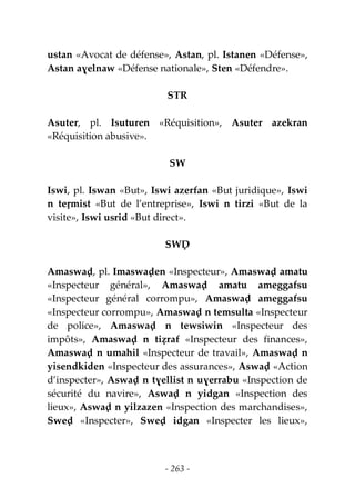 - 263 -
ustan «Avocat de défense», Astan, pl. Istanen «Défense»,
Astan aɣelnaw «Défense nationale», Sten «Défendre».
STR
Asuter, pl. Isuturen «Réquisition», Asuter azekran
«Réquisition abusive».
SW
Iswi, pl. Iswan «But», Iswi azerfan «But juridique», Iswi
n teṛmist «But de l’entreprise», Iswi n tirzi «But de la
visite», Iswi usrid «But direct».
SWḌ
Amaswaḍ, pl. Imaswaḍen «Inspecteur», Amaswaḍ amatu
«Inspecteur général», Amaswaḍ amatu ameggafsu
«Inspecteur général corrompu», Amaswaḍ ameggafsu
«Inspecteur corrompu», Amaswaḍ n temsulta «Inspecteur
de police», Amaswaḍ n tewsiwin «Inspecteur des
impôts», Amaswaḍ n tiẓraf «Inspecteur des finances»,
Amaswaḍ n umahil «Inspecteur de travail», Amaswaḍ n
yisendkiden «Inspecteur des assurances», Aswaḍ «Action
d’inspecter», Aswaḍ n tɣellist n uɣerrabu «Inspection de
sécurité du navire», Aswaḍ n yidgan «Inspection des
lieux», Aswaḍ n yilzazen «Inspection des marchandises»,
Sweḍ «Inspecter», Sweḍ idgan «Inspecter les lieux»,
 