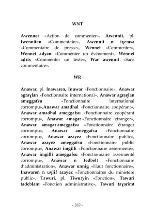- 269 -
WNT
Awennet «Action de commenter», Awennit, pl.
Iwenniten «Commentaire», Awennit n tɣemsa
«Commentaire de presse», Wennet «Commenter»,
Wennet adyan «Commenter un événement», Wennet
aḍris «Commenter un texte», War awennit «Sans
commentaire».
WR
Anawar, pl. Inawaren, Inuwar «Fonctionnaire», Anawar
agraɣlan «Fonctionnaire international», Anawar agraɣlan
ameggafsu «Fonctionnaire international
corrompu»,Anawar amadhal «Fonctionnaire coopérant»,
Anawar amadhal ameggafsu «Fonctionnaire coopérant
corrompu», Anawar amagar «Fonctionnaire étranger»,
Anawar amagar ameggafsu «Fonctionnaire étranger
corrompu», Anawar ameggafsu «Fonctionnaire
corrompu», Anawar azayez «Fonctionnaire public»,
Anawar azayez ameggafsu «Fonctionnaire public
corrompu», Anawar imgilli «Fonctionnaire assermenté»,
Anawar imgilli ameggafsu «Fonctionnaire assermenté
corrompu», Anawar n tedbelt «Fonctionnaire
d’administration», Anawar unnig «Haut fonctionnaire»,
Inawaren n uɣlif azayez «Fonctionnaires du ministère
public», Tawuri, pl. Tiwuryin «Fonction», Tawuri
tadeblant «Fonction administrative», Tawuri taɣarimt
 