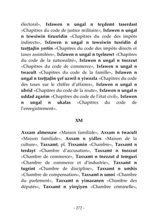 - 272 -
électoral», Ixfawen n ungal n teɣdemt taserdast
«Chapitres du code de justice militaire», Ixfawen n ungal
n tewsiwin tirusridin «Chapitres du code des impôts
indirects», Ixfawen n ungal n tewsiwin tusridin d
tzeṭṭaḍin yertin «Chapitres du code des impôts directs et
taxes assimilées», Ixfawen n ungal n tɣelnewt «Chapitres
du code de la nationalité», Ixfawen n ungal n tnezzut
«Chapitres du code de commerce», Ixfawen n ungal n
twacult «Chapitres du code de la famille», Ixfawen n
ungal n tzeṭṭaḍin ɣef uzwil n yiwezla «Chapitres du code
des taxes sur le chiffre d’affaires», Ixfawen n ungal n
ubrid «Chapitres du code de la route», Ixfawen n ungal n
uddad aɣarim «Chapitres du code de l’état civil», Ixfawen
n ungal n ukalas «Chapitres du code de
l’enregistrement».
XM
Axxam almessaw «Maison familiale», Axxam n twacult
«Maison familiale», Axxam n yidles «Maison de la
culture», Taxxamt, pl. Tixxamin «Chambre», Taxxamt n
terdayt «Chambre d’accusation», Taxxamt n tnezzut
«Chambre de commerce», Taxxamt n tnezzut d temguri
«Chambre de commerce et d’industrie», Taxxamt n
tugrint «Chambre de discipline», Taxxamt n umhis
«Chambre de compensation», Taxxamt n umni «Chambre
du parlement», Taxxamt n yimazanen «Chambre des
députés», Taxxamt n yinɣiyen «Chambre criminelle»,
 