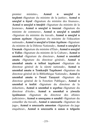 - 279 -
premier ministre», Azmul n uneɣlaf n
teɣdemt «Signature du ministre de la justice», Azmul n
uneɣlaf n tiẓraf «Signature du ministre des finances»,
Azmul n uneɣlaf n tmeḍrit «Signature du ministre de la
Jeunesse», Azmul n uneɣlaf n tnezzut «Signature du
ministre de commerce», Azmul n uneɣlaf n umahil
«Signature du ministre du travail», Azmul n uneɣlaf n
usinen aɣelnaw «Signature du ministre de l’éducation
nationale», Azmul n uneɣlaf n Ustan Aɣelnaw «Signature
du ministre de la Défense Nationale», Azmul n uneɣlaf n
Uwanak «Signature du ministre d’État», Azmul n uneɣlaf
n Yidles «Signature du ministre de la Culture», Azmul n
unemhal «Signature du directeur», Azmul n unemhal
amatu «Signature du directeur général», Azmul n
unemhal amatu n teflest taɣelnawt «Signature du
directeur général de la sûreté nationale», Azmul n
unemhal amatu n Temkarḍit Taɣelnawt «Signature du
directeur général de la Bibliothèque Nationale», Azmul n
unemhal amatu n Twuri Tazayezt «Signature du
directeur général de la Fonction Publique», Azmul n
unemhal n tesfirt «Signature du directeur de la
rédaction», Azmul n unemhal n uɣerbaz «Signature du
directeur d’école», Azmul n unemhal n yiwezla
iɣedmanen «Signature du directeur des affaires
judiciaires», Azmul n unesɣamu n umahil «Signature du
conseiller du travail», Azmul n unezzarfu «Signature du
juge», Azmul n unezzarfu amsestan «Signature du juge
enquêteur», Azmul n unezzarfu n usnas n tefgurin
 