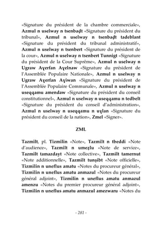 - 281 -
«Signature du président de la chambre commerciale»,
Azmul n uselway n tsenbaḍt «Signature du président du
tribunal», Azmul n uselway n tsenbaḍt tadeblant
«Signature du président du tribunal administratif»,
Azmul n uselway n tsenbert «Signature du président de
la cour», Azmul n uselway n tsenbert Tunnigt «Signature
du président de la Cour Suprême», Azmul n uselway n
Ugraw Aɣerfan Aɣelnaw «Signature du président de
l’Assemblée Populaire Nationale», Azmul n uselway n
Ugraw Aɣerfan Aɣiwan «Signature du président de
l’Assemblée Populaire Communale», Azmul n uselway n
useqqamu amendaw «Signature du président du conseil
constitutionnel», Azmul n uselway n useqqamu n tedbelt
«Signature du président du conseil d’administration»,
Azmul n uselway n useqqamu n uɣlan «Signature du
président du conseil de la nation», Zmel «Signer».
ZML
Tazmilt, pl. Tizmilin «Note», Tazmilt n tbeddi «Note
d’audience», Tazmilt n umeẓlu «Note de service»,
Tazmilt tamazdayt «Note collective», Tazmilt tamernut
«Note additionnelle», Tazmilt tunṣibt «Note officielle»,
Tizmilin n uneflus amatu «Notes du procureur général»,
Tizmilin n uneflus amatu anmazul «Notes du procureur
général adjoint», Tizmilin n uneflus amatu anmazul
amenzu «Notes du premier procureur général adjoint»,
Tizmilin n uneflus amatu anmazul amezwaru «Notes du
 