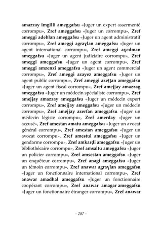 - 287 -
amazzay imgilli ameggafsu «Juger un expert assermenté
corrompu», Zref ameggafsu «Juger un corrompu», Zref
ameggi adeblan ameggafsu «Juger un agent administratif
corrompu», Zref ameggi agraɣlan ameggafsu «Juger un
agent international corrompu», Zref ameggi aɣedman
ameggafsu «Juger un agent judiciaire corrompu», Zref
ameggi ameggafsu «Juger un agent corrompu», Zref
ameggi amzenzi ameggafsu «Juger un agent commercial
corrompu», Zref ameggi azayez ameggafsu «Juger un
agent public corrompu», Zref ameggi azeṭṭan ameggafsu
«Juger un agent fiscal corrompu», Zref amejjay amazzag
ameggafsu «Juger un médecin spécialiste corrompu», Zref
amejjay amazzay ameggafsu «Juger un médecin expert
corrompu», Zref amejjay ameggafsu «Juger un médecin
corrompu», Zref amejjay azerfan ameggafsu «Juger un
médecin légiste corrompu», Zref amerday «Juger un
accusé», Zref amestan amatu ameggafsu «Juger un avocat
général corrompu», Zref amestan ameggafsu «Juger un
avocat corrompu», Zref amestul ameggafsu «Juger un
gendarme corrompu», Zref amkarḍi ameggafsu «Juger un
bibliothécaire corrompu», Zref amsaltu ameggafsu «Juger
un policier corrompu», Zref amsestan ameggafsu «Juger
un enquêteur corrompu», Zref anagi ameggafsu «Juger
un témoin corrompu», Zref anawar agraɣlan ameggafsu
«Juger un fonctionnaire international corrompu», Zref
anawar amadhal ameggafsu «Juger un fonctionnaire
coopérant corrompu», Zref anawar amagar ameggafsu
«Juger un fonctionnaire étranger corrompu», Zref anawar
 