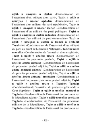 - 300 -
uḍlib n umaɣnas n ukabar «Condamnation de
l’assassinat d’un militant d’un parti», Taẓirt n uḍlib n
umaɣnas n ukabar agdudan «Condamnation de
l’assassinat d’un militant du parti républicain», Taẓirt n
uḍlib n umaɣnas n ukabar asertan «Condamnation de
l’assassinat d’un militant du parti politique», Taẓirt n
uḍlib n umaɣnas n ukabar azduklan «Condamnation de
l’assassinat d’un militant du parti communiste», Taẓirt n
uḍlib n umaɣnas n ukabar n Udmer n Teslullit
Taɣelnawt «Condamnation de l’assassinat d’un militant
du parti du Front de Libération Nationale», Taẓirt n uḍlib
n uneflus «Condamnation de l’assassinat d’un magistrat»,
Taẓirt n uḍlib n uneflus amatu «Condamnation de
l’assassinat du procureur général», Taẓirt n uḍlib n
uneflus amatu anmazul «Condamnation de l’assassinat
du procureur général adjoint», Taẓirt n uḍlib n uneflus
amatu anmazul amenzu «Condamnation de l’assassinat
du premier procureur général adjoint», Taẓirt n uḍlib n
uneflus amatu anmazul amezwaru «Condamnation de
l’assassinat du premier procureur général adjoint», Taẓirt
n uḍlib n uneflus amatu n Tsenbert Tunnigt
«Condamnation de l’assassinat du procureur général de la
Cour Suprême», Taẓirt n uḍlib n uneflus anmazul n
Tagduda «Condamnation de l’assassinat du procureur de
la République adjoint», Taẓirt n uḍlib n uneflus aserdas n
Tagduda «Condamnation de l’assassinat du procureur
militaire de la République», Taẓirt n uḍlib n uneflus n
Tagduda «Condamnation de l’assassinat du procureur de
 