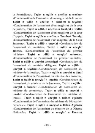 - 301 -
la République», Taẓirt n uḍlib n uneflus n tsenbert
«Condamnation de l’assassinat d’un magistrat de la cour»,
Taẓirt n uḍlib n uneflus n tsenbert n teɣdemt
«Condamnation de l’assassinat d’un magistrat de la cour
de justice», Taẓirt n uḍlib n uneflus n tsenbert n wallas
«Condamnation de l’assassinat d’un magistrat de la cour
d’appel», Taẓirt n uḍlib n uneflus n Tsenbert Tunnigt
«Condamnation de l’assassinat d’un magistrat de la Cour
Suprême», Taẓirt n uḍlib n uneɣlaf «Condamnation de
l’assassinat du ministre», Taẓirt n uḍlib n uneɣlaf
amenzu «Condamnation de l’assassinat du premier
ministre», Taẓirt n uḍlib n uneɣlaf amezwaru
«Condamnation de l’assassinat du premier ministre»,
Taẓirt n uḍlib n uneɣlaf anesmigel «Condamnation de
l’assassinat du ministre délégué», Taẓirt n uḍlib n
uneɣlaf n teɣdemt «Condamnation de l’assassinat du
ministre de la justice», Taẓirt n uḍlib n uneɣlaf n tiẓraf
«Condamnation de l’assassinat du ministre des finances»,
Taẓirt n uḍlib n uneɣlaf n tmeḍrit «Condamnation de
l’assassinat du ministre de la Jeunesse», Taẓirt n uḍlib n
uneɣlaf n tnezzut «Condamnation de l’assassinat du
ministre de commerce», Taẓirt n uḍlib n uneɣlaf n
umahil «Condamnation de l’assassinat du ministre du
travail», Taẓirt n uḍlib n uneɣlaf n usinen aɣelnaw
«Condamnation de l’assassinat du ministre de l’éducation
nationale», Taẓirt n uḍlib n uneɣlaf n Ustan Aɣelnaw
«Condamnation de l’assassinat du ministre de la Défense
Nationale», Taẓirt n uḍlib n uneɣlaf n Uwanak
 