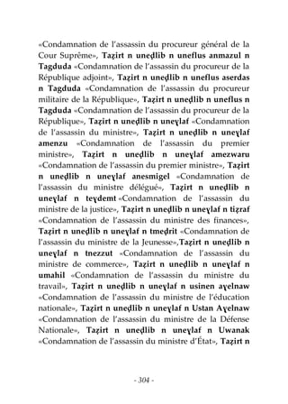 - 304 -
«Condamnation de l’assassin du procureur général de la
Cour Suprême», Taẓirt n uneḍlib n uneflus anmazul n
Tagduda «Condamnation de l’assassin du procureur de la
République adjoint», Taẓirt n uneḍlib n uneflus aserdas
n Tagduda «Condamnation de l’assassin du procureur
militaire de la République», Taẓirt n uneḍlib n uneflus n
Tagduda «Condamnation de l’assassin du procureur de la
République», Taẓirt n uneḍlib n uneɣlaf «Condamnation
de l’assassin du ministre», Taẓirt n uneḍlib n uneɣlaf
amenzu «Condamnation de l’assassin du premier
ministre», Taẓirt n uneḍlib n uneɣlaf amezwaru
«Condamnation de l’assassin du premier ministre», Taẓirt
n uneḍlib n uneɣlaf anesmigel «Condamnation de
l’assassin du ministre délégué», Taẓirt n uneḍlib n
uneɣlaf n teɣdemt «Condamnation de l’assassin du
ministre de la justice», Taẓirt n uneḍlib n uneɣlaf n tiẓraf
«Condamnation de l’assassin du ministre des finances»,
Taẓirt n uneḍlib n uneɣlaf n tmeḍrit «Condamnation de
l’assassin du ministre de la Jeunesse»,Taẓirt n uneḍlib n
uneɣlaf n tnezzut «Condamnation de l’assassin du
ministre de commerce», Taẓirt n uneḍlib n uneɣlaf n
umahil «Condamnation de l’assassin du ministre du
travail», Taẓirt n uneḍlib n uneɣlaf n usinen aɣelnaw
«Condamnation de l’assassin du ministre de l’éducation
nationale», Taẓirt n uneḍlib n uneɣlaf n Ustan Aɣelnaw
«Condamnation de l’assassin du ministre de la Défense
Nationale», Taẓirt n uneḍlib n uneɣlaf n Uwanak
«Condamnation de l’assassin du ministre d’État», Taẓirt n
 