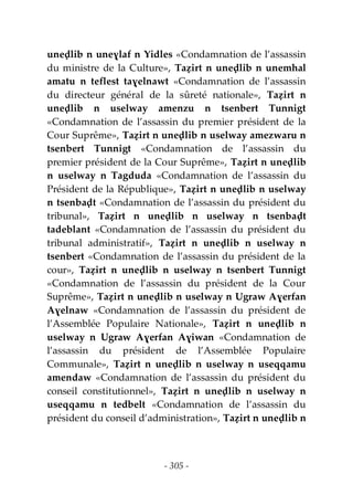 - 305 -
uneḍlib n uneɣlaf n Yidles «Condamnation de l’assassin
du ministre de la Culture», Taẓirt n uneḍlib n unemhal
amatu n teflest taɣelnawt «Condamnation de l’assassin
du directeur général de la sûreté nationale», Taẓirt n
uneḍlib n uselway amenzu n tsenbert Tunnigt
«Condamnation de l’assassin du premier président de la
Cour Suprême», Taẓirt n uneḍlib n uselway amezwaru n
tsenbert Tunnigt «Condamnation de l’assassin du
premier président de la Cour Suprême», Taẓirt n uneḍlib
n uselway n Tagduda «Condamnation de l’assassin du
Président de la République», Taẓirt n uneḍlib n uselway
n tsenbaḍt «Condamnation de l’assassin du président du
tribunal», Taẓirt n uneḍlib n uselway n tsenbaḍt
tadeblant «Condamnation de l’assassin du président du
tribunal administratif», Taẓirt n uneḍlib n uselway n
tsenbert «Condamnation de l’assassin du président de la
cour», Taẓirt n uneḍlib n uselway n tsenbert Tunnigt
«Condamnation de l’assassin du président de la Cour
Suprême», Taẓirt n uneḍlib n uselway n Ugraw Aɣerfan
Aɣelnaw «Condamnation de l’assassin du président de
l’Assemblée Populaire Nationale», Taẓirt n uneḍlib n
uselway n Ugraw Aɣerfan Aɣiwan «Condamnation de
l’assassin du président de l’Assemblée Populaire
Communale», Taẓirt n uneḍlib n uselway n useqqamu
amendaw «Condamnation de l’assassin du président du
conseil constitutionnel», Taẓirt n uneḍlib n uselway n
useqqamu n tedbelt «Condamnation de l’assassin du
président du conseil d’administration», Taẓirt n uneḍlib n
 