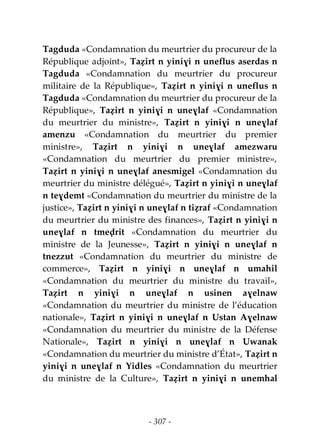 - 307 -
Tagduda «Condamnation du meurtrier du procureur de la
République adjoint», Taẓirt n yiniɣi n uneflus aserdas n
Tagduda «Condamnation du meurtrier du procureur
militaire de la République», Taẓirt n yiniɣi n uneflus n
Tagduda «Condamnation du meurtrier du procureur de la
République», Taẓirt n yiniɣi n uneɣlaf «Condamnation
du meurtrier du ministre», Taẓirt n yiniɣi n uneɣlaf
amenzu «Condamnation du meurtrier du premier
ministre», Taẓirt n yiniɣi n uneɣlaf amezwaru
«Condamnation du meurtrier du premier ministre»,
Taẓirt n yiniɣi n uneɣlaf anesmigel «Condamnation du
meurtrier du ministre délégué», Taẓirt n yiniɣi n uneɣlaf
n teɣdemt «Condamnation du meurtrier du ministre de la
justice», Taẓirt n yiniɣi n uneɣlaf n tiẓraf «Condamnation
du meurtrier du ministre des finances», Taẓirt n yiniɣi n
uneɣlaf n tmeḍrit «Condamnation du meurtrier du
ministre de la Jeunesse», Taẓirt n yiniɣi n uneɣlaf n
tnezzut «Condamnation du meurtrier du ministre de
commerce», Taẓirt n yiniɣi n uneɣlaf n umahil
«Condamnation du meurtrier du ministre du travail»,
Taẓirt n yiniɣi n uneɣlaf n usinen aɣelnaw
«Condamnation du meurtrier du ministre de l’éducation
nationale», Taẓirt n yiniɣi n uneɣlaf n Ustan Aɣelnaw
«Condamnation du meurtrier du ministre de la Défense
Nationale», Taẓirt n yiniɣi n uneɣlaf n Uwanak
«Condamnation du meurtrier du ministre d’État», Taẓirt n
yiniɣi n uneɣlaf n Yidles «Condamnation du meurtrier
du ministre de la Culture», Taẓirt n yiniɣi n unemhal
 