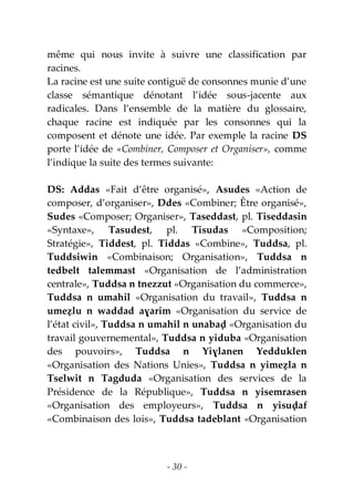 - 30 -
même qui nous invite à suivre une classification par
racines.
La racine est une suite contiguë de consonnes munie d’une
classe sémantique dénotant l’idée sous-jacente aux
radicales. Dans l’ensemble de la matière du glossaire,
chaque racine est indiquée par les consonnes qui la
composent et dénote une idée. Par exemple la racine DS
porte l’idée de «Combiner, Composer et Organiser», comme
l’indique la suite des termes suivante:
DS: Addas «Fait d’être organisé», Asudes «Action de
composer, d’organiser», Ddes «Combiner; Être organisé»,
Sudes «Composer; Organiser», Taseddast, pl. Tiseddasin
«Syntaxe», Tasudest, pl. Tisudas «Composition;
Stratégie», Tiddest, pl. Tiddas «Combine», Tuddsa, pl.
Tuddsiwin «Combinaison; Organisation», Tuddsa n
tedbelt talemmast «Organisation de l’administration
centrale», Tuddsa n tnezzut «Organisation du commerce»,
Tuddsa n umahil «Organisation du travail», Tuddsa n
umeẓlu n waddad aɣarim «Organisation du service de
l’état civil», Tuddsa n umahil n unabaḍ «Organisation du
travail gouvernemental», Tuddsa n yiduba «Organisation
des pouvoirs», Tuddsa n Yiɣlanen Yedduklen
«Organisation des Nations Unies», Tuddsa n yimeẓla n
Tselwit n Tagduda «Organisation des services de la
Présidence de la République», Tuddsa n yisemrasen
«Organisation des employeurs», Tuddsa n yisuḍaf
«Combinaison des lois», Tuddsa tadeblant «Organisation
 