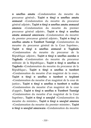 - 310 -
n uneflus amatu «Condamnation du meurtre du
procureur général», Taẓirt n tinɣi n uneflus amatu
anmazul «Condamnation du meurtre du procureur
général adjoint», Taẓirt n tinɣi n uneflus amatu anmazul
amenzu «Condamnation du meurtre du premier
procureur général adjoint», Taẓirt n tinɣi n uneflus
amatu anmazul amezwaru «Condamnation du meurtre
du premier procureur général adjoint», Taẓirt n tinɣi n
uneflus amatu n Tsenbert Tunnigt «Condamnation du
meurtre du procureur général de la Cour Suprême»,
Taẓirt n tinɣi n uneflus anmazul n Tagduda
«Condamnation du meurtre du procureur de la
République adjoint», Taẓirt n tinɣi n uneflus aserdas n
Tagduda «Condamnation du meurtre du procureur
militaire de la République», Taẓirt n tinɣi n uneflus n
Tagduda «Condamnation du meurtre du procureur de la
République», Taẓirt n tinɣi n uneflus n tsenbert
«Condamnation du meurtre d’un magistrat de la cour»,
Taẓirt n tinɣi n uneflus n tsenbert n teɣdemt
«Condamnation du meurtre d’un magistrat de la cour de
justice», Taẓirt n tinɣi n uneflus n tsenbert n wallas
«Condamnation du meurtre d’un magistrat de la cour
d’appel», Taẓirt n tinɣi n uneflus n Tsenbert Tunnigt
«Condamnation du meurtre d’un magistrat de la Cour
Suprême», Taẓirt n tinɣi n uneɣlaf «Condamnation du
meurtre du ministre», Taẓirt n tinɣi n uneɣlaf amenzu
«Condamnation du meurtre du premier ministre», Taẓirt
n tinɣi n uneɣlaf amezwaru «Condamnation du meurtre
 