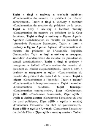 - 312 -
Taẓirt n tinɣi n uselway n tsenbaḍt tadeblant
«Condamnation du meurtre du président du tribunal
administratif», Taẓirt n tinɣi n uselway n tsenbert
«Condamnation du meurtre du président de la cour»,
Taẓirt n tinɣi n uselway n tsenbert Tunnigt
«Condamnation du meurtre du président de la Cour
Suprême», Taẓirt n tinɣi n uselway n Ugraw Aɣerfan
Aɣelnaw «Condamnation du meurtre du président de
l’Assemblée Populaire Nationale», Taẓirt n tinɣi n
uselway n Ugraw Aɣerfan Aɣiwan «Condamnation du
meurtre du président de l’Assemblée Populaire
Communale», Taẓirt n tinɣi n uselway n useqqamu
amendaw «Condamnation du meurtre du président du
conseil constitutionnel», Taẓirt n tinɣi n uselway n
useqqamu n tedbelt «Condamnation du meurtre du
président du conseil d’administration», Taẓirt n tinɣi n
uselway n useqqamu n uɣlan «Condamnation du
meurtre du président du conseil de la nation», Taẓirt s
tefgurt «Condamnation à l'amende», Taẓirt s tsekreft
«Condamnation à l'emprisonnement», Taẓirt tamsetlant
«Condamnation solidaire», Taẓirt tanemgalt
«Condamnation contradictoire», Ẓiẓer «Condamner»,
Ẓiẓer aḍlib «Condamner l’assassinat», Ẓiẓer aḍlib n
uɣella n ukabar asertan «Condamner l’assassinat du chef
du parti politique», Ẓiẓer aḍlib n uɣella n unabaḍ
«Condamner l’assassinat du chef de gouvernement»,
Ẓiẓer aḍlib n uɣella n Uwanak «Condamner l’assassinat
du chef de l’État», Ẓiẓer aḍlib n umaray amatu n Tselwit
 