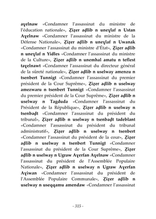 - 315 -
aɣelnaw «Condamner l’assassinat du ministre de
l’éducation nationale», Ẓiẓer aḍlib n uneɣlaf n Ustan
Aɣelnaw «Condamner l’assassinat du ministre de la
Défense Nationale», Ẓiẓer aḍlib n uneɣlaf n Uwanak
«Condamner l’assassinat du ministre d’État», Ẓiẓer aḍlib
n uneɣlaf n Yidles «Condamner l’assassinat du ministre
de la Culture», Ẓiẓer aḍlib n unemhal amatu n teflest
taɣelnawt «Condamner l’assassinat du directeur général
de la sûreté nationale», Ẓiẓer aḍlib n uselway amenzu n
tsenbert Tunnigt «Condamner l’assassinat du premier
président de la Cour Suprême», Ẓiẓer aḍlib n uselway
amezwaru n tsenbert Tunnigt «Condamner l’assassinat
du premier président de la Cour Suprême», Ẓiẓer aḍlib n
uselway n Tagduda «Condamner l’assassinat du
Président de la République», Ẓiẓer aḍlib n uselway n
tsenbaḍt «Condamner l’assassinat du président du
tribunal», Ẓiẓer aḍlib n uselway n tsenbaḍt tadeblant
«Condamner l’assassinat du président du tribunal
administratif», Ẓiẓer aḍlib n uselway n tsenbert
«Condamner l’assassinat du président de la cour», Ẓiẓer
aḍlib n uselway n tsenbert Tunnigt «Condamner
l’assassinat du président de la Cour Suprême», Ẓiẓer
aḍlib n uselway n Ugraw Aɣerfan Aɣelnaw «Condamner
l’assassinat du président de l’Assemblée Populaire
Nationale», Ẓiẓer aḍlib n uselway n Ugraw Aɣerfan
Aɣiwan «Condamner l’assassinat du président de
l’Assemblée Populaire Communale», Ẓiẓer aḍlib n
uselway n useqqamu amendaw «Condamner l’assassinat
 