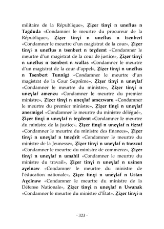 - 323 -
militaire de la République», Ẓiẓer tinɣi n uneflus n
Tagduda «Condamner le meurtre du procureur de la
République», Ẓiẓer tinɣi n uneflus n tsenbert
«Condamner le meurtre d’un magistrat de la cour», Ẓiẓer
tinɣi n uneflus n tsenbert n teɣdemt «Condamner le
meurtre d’un magistrat de la cour de justice», Ẓiẓer tinɣi
n uneflus n tsenbert n wallas «Condamner le meurtre
d’un magistrat de la cour d’appel», Ẓiẓer tinɣi n uneflus
n Tsenbert Tunnigt «Condamner le meurtre d’un
magistrat de la Cour Suprême», Ẓiẓer tinɣi n uneɣlaf
«Condamner le meurtre du ministre», Ẓiẓer tinɣi n
uneɣlaf amenzu «Condamner le meurtre du premier
ministre», Ẓiẓer tinɣi n uneɣlaf amezwaru «Condamner
le meurtre du premier ministre», Ẓiẓer tinɣi n uneɣlaf
anesmigel «Condamner le meurtre du ministre délégué»,
Ẓiẓer tinɣi n uneɣlaf n teɣdemt «Condamner le meurtre
du ministre de la justice», Ẓiẓer tinɣi n uneɣlaf n tiẓraf
«Condamner le meurtre du ministre des finances», Ẓiẓer
tinɣi n uneɣlaf n tmeḍrit «Condamner le meurtre du
ministre de la Jeunesse», Ẓiẓer tinɣi n uneɣlaf n tnezzut
«Condamner le meurtre du ministre de commerce», Ẓiẓer
tinɣi n uneɣlaf n umahil «Condamner le meurtre du
ministre du travail», Ẓiẓer tinɣi n uneɣlaf n usinen
aɣelnaw «Condamner le meurtre du ministre de
l’éducation nationale», Ẓiẓer tinɣi n uneɣlaf n Ustan
Aɣelnaw «Condamner le meurtre du ministre de la
Défense Nationale», Ẓiẓer tinɣi n uneɣlaf n Uwanak
«Condamner le meurtre du ministre d’État», Ẓiẓer tinɣi n
 
