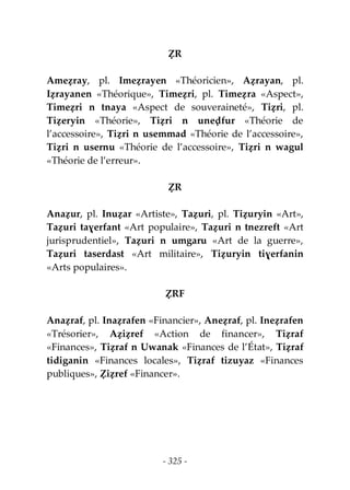 - 325 -
ẒR
Ameẓray, pl. Imeẓrayen «Théoricien», Aẓrayan, pl.
Iẓrayanen «Théorique», Timeẓri, pl. Timeẓra «Aspect»,
Timeẓri n tnaya «Aspect de souveraineté», Tiẓri, pl.
Tiẓeryin «Théorie», Tiẓri n uneḍfur «Théorie de
l’accessoire», Tiẓri n usemmad «Théorie de l’accessoire»,
Tiẓri n usernu «Théorie de l’accessoire», Tiẓri n wagul
«Théorie de l’erreur».
ẒR
Anaẓur, pl. Inuẓar «Artiste», Taẓuri, pl. Tiẓuryin «Art»,
Taẓuri taɣerfant «Art populaire», Taẓuri n tnezreft «Art
jurisprudentiel», Taẓuri n umgaru «Art de la guerre»,
Taẓuri taserdast «Art militaire», Tiẓuryin tiɣerfanin
«Arts populaires».
ẒRF
Anaẓraf, pl. Inaẓrafen «Financier», Aneẓraf, pl. Ineẓrafen
«Trésorier», Aẓiẓref «Action de financer», Tiẓraf
«Finances», Tiẓraf n Uwanak «Finances de l’État», Tiẓraf
tidiganin «Finances locales», Tiẓraf tizuyaz «Finances
publiques», Ẓiẓref «Financer».
 