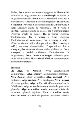 - 38 -
décès», Iba n uzaraf «Absence du jugement», Iba n wahil
«Absence de programme», Iba n wahil unṣib «Absence de
programme officiel», Iba n warra «Absence d’acte», Iba n
warra n tayla «Absence d’acte de propriété», Iba n warra
n tɣelnewt «Absence d’acte de nationalité», Iba n warra n
tlalit «Absence d’acte de naissance», Iba n warra n
tmettant «Absence d’acte de décès», Iba n warra n uzenzi
«Absence d’acte de vente», Iba n wurag «Absence
d’autorisation», Iba n wurag n lebni «Absence
d’autorisation de construire», Iba n wurag n tektert
«Absence d’autorisation d’importation», Iba n wurag n
usifeḍ «Absence d’autorisation d’exportation», Iba n
wurag n yiba «Absence d’autorisation d’absence», Iba n
wuragen n wahil «Absence d’autorisations de
programme», Iba s tmentilt n waṭṭan «Absence pour
cause de maladie», Iba s ukrad afekkan «Absence pour
incapacité corporelle».
Bilitères:
LƔ: Alɣu, pl. Alɣuten «Avis; Avertissement;
Communiqué», Alɣu anamay «Communiqué commun»,
Alɣu Anaraf «Avis favorable», Alɣu anemgal «Avis
contraire», Alɣu azerfan «Avis juridique», Alɣu i uzayez
«Avis au public», Alɣu n Tselwit «Communiqué de la
Présidence», Alɣu n uneflus amatu «Avis du procureur
général», Alɣu n uneflus amatu anmazul «Avis du
procureur général adjoint», Alɣu n uneflus amatu
anmazul amenzu «Avis du premier procureur général
 