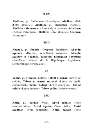 - 52 -
BLKM
Abelkam, pl. Ibelkamen «Atomique», Abelkem «Fait
d’être atomisé», Abelkim, pl. Ibelkimen «Atome»,
Abelkim n timmarewt «Atome de la parenté», Asbelkem
«Action d’atomiser», Bbelkem «Être atomisé», Sbelkem
«Atomiser».
BND
Abandu, pl. Ibunda «Drapeau; Emblème», Abandu
aɣelnaw «Drapeau (emblème) national», Abandu
aɣelnaw n Tagduda Tazzayrit Tamagdayt Taɣerfant
«Emblème national de la République Algérienne
Démocratique et Populaire».
BR
Tabrat, pl. Tibratin «Lettre», Tabrat n usmad «Lettre de
crédit», Tabrat n usmad amzenzi «Lettre de crédit
commercial», Tabrat tudrigt «Lettre anonyme», Tabrat
yeldin «Lettre ouverte», Tabrat yellin «Lettre ouverte».
BRD
Abrid, pl. Iberdan «Voie», Abrid adeblan «Voie
administrative», Abrid aɣarim «Voie civile», Abrid
aɣedman «Voie judiciaire», Abrid azayez «Voie
 