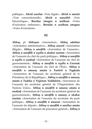 - 53 -
publique», Abrid azerfan «Voie légale», Abrid n umsisi
«Voie conventionnelle», Abrid n umyellel «Voie
hiérarchique», Iberdan imugna n uselkem «Voies
d’exécution ordinaires», Iberdan n uselkem amagnu
«Voies d’exécution».
BẒ
Abbaẓ, pl. Abbaẓen «Arrestation», Abbaẓ adeblan
«Arrestation administrative», Abbaẓ aruzrif «Arrestation
illégale», Abbaẓ n uneḍlib «Arrestation de l’assassin»,
Abbaẓ n uneḍlib n uɣella n ukabar asertan «Arrestation
de l’assassin du chef du parti politique», Abbaẓ n uneḍlib
n uɣella n unabaḍ «Arrestation de l’assassin du chef de
gouvernement», Abbaẓ n uneḍlib n uɣella n Uwanak
«Arrestation de l’assassin du chef de l’État», Abbaẓ n
uneḍlib n umaray amatu n Tselwit n Tagduda
«Arrestation de l’assassin du secrétaire général de la
Présidence de la République», Abbaẓ n uneḍlib n umaray
amatu n Tuddsa n Yiɣlanen Yedduklen «Arrestation de
l’assassin du secrétaire général de l’Organisation des
Nations Unies», Abbaẓ n uneḍlib n umaray amatu n
unabaḍ «Arrestation de l’assassin du secrétaire général du
gouvernement», Abbaẓ n uneḍlib n umaray n ukabar
asertan «Arrestation de l’assassin du secrétaire du parti
politique», Abbaẓ n uneḍlib n umazan «Arrestation de
l’assassin du député», Abbaẓ n uneḍlib n uneflus amatu
«Arrestation de l’assassin du procureur général», Abbaẓ n
 