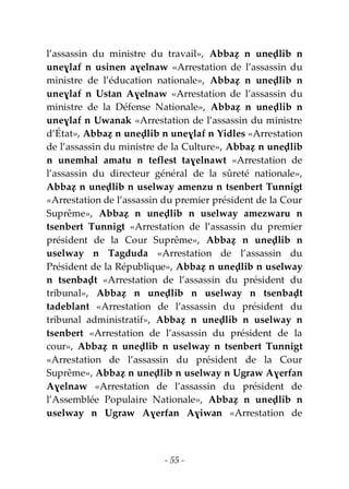 - 55 -
l’assassin du ministre du travail», Abbaẓ n uneḍlib n
uneɣlaf n usinen aɣelnaw «Arrestation de l’assassin du
ministre de l’éducation nationale», Abbaẓ n uneḍlib n
uneɣlaf n Ustan Aɣelnaw «Arrestation de l’assassin du
ministre de la Défense Nationale», Abbaẓ n uneḍlib n
uneɣlaf n Uwanak «Arrestation de l’assassin du ministre
d’État», Abbaẓ n uneḍlib n uneɣlaf n Yidles «Arrestation
de l’assassin du ministre de la Culture», Abbaẓ n uneḍlib
n unemhal amatu n teflest taɣelnawt «Arrestation de
l’assassin du directeur général de la sûreté nationale»,
Abbaẓ n uneḍlib n uselway amenzu n tsenbert Tunnigt
«Arrestation de l’assassin du premier président de la Cour
Suprême», Abbaẓ n uneḍlib n uselway amezwaru n
tsenbert Tunnigt «Arrestation de l’assassin du premier
président de la Cour Suprême», Abbaẓ n uneḍlib n
uselway n Tagduda «Arrestation de l’assassin du
Président de la République», Abbaẓ n uneḍlib n uselway
n tsenbaḍt «Arrestation de l’assassin du président du
tribunal», Abbaẓ n uneḍlib n uselway n tsenbaḍt
tadeblant «Arrestation de l’assassin du président du
tribunal administratif», Abbaẓ n uneḍlib n uselway n
tsenbert «Arrestation de l’assassin du président de la
cour», Abbaẓ n uneḍlib n uselway n tsenbert Tunnigt
«Arrestation de l’assassin du président de la Cour
Suprême», Abbaẓ n uneḍlib n uselway n Ugraw Aɣerfan
Aɣelnaw «Arrestation de l’assassin du président de
l’Assemblée Populaire Nationale», Abbaẓ n uneḍlib n
uselway n Ugraw Aɣerfan Aɣiwan «Arrestation de
 