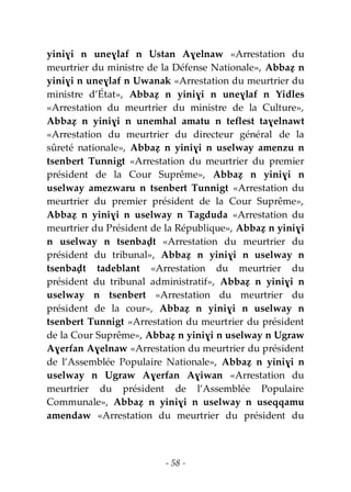 - 58 -
yiniɣi n uneɣlaf n Ustan Aɣelnaw «Arrestation du
meurtrier du ministre de la Défense Nationale», Abbaẓ n
yiniɣi n uneɣlaf n Uwanak «Arrestation du meurtrier du
ministre d’État», Abbaẓ n yiniɣi n uneɣlaf n Yidles
«Arrestation du meurtrier du ministre de la Culture»,
Abbaẓ n yiniɣi n unemhal amatu n teflest taɣelnawt
«Arrestation du meurtrier du directeur général de la
sûreté nationale», Abbaẓ n yiniɣi n uselway amenzu n
tsenbert Tunnigt «Arrestation du meurtrier du premier
président de la Cour Suprême», Abbaẓ n yiniɣi n
uselway amezwaru n tsenbert Tunnigt «Arrestation du
meurtrier du premier président de la Cour Suprême»,
Abbaẓ n yiniɣi n uselway n Tagduda «Arrestation du
meurtrier du Président de la République», Abbaẓ n yiniɣi
n uselway n tsenbaḍt «Arrestation du meurtrier du
président du tribunal», Abbaẓ n yiniɣi n uselway n
tsenbaḍt tadeblant «Arrestation du meurtrier du
président du tribunal administratif», Abbaẓ n yiniɣi n
uselway n tsenbert «Arrestation du meurtrier du
président de la cour», Abbaẓ n yiniɣi n uselway n
tsenbert Tunnigt «Arrestation du meurtrier du président
de la Cour Suprême», Abbaẓ n yiniɣi n uselway n Ugraw
Aɣerfan Aɣelnaw «Arrestation du meurtrier du président
de l’Assemblée Populaire Nationale», Abbaẓ n yiniɣi n
uselway n Ugraw Aɣerfan Aɣiwan «Arrestation du
meurtrier du président de l’Assemblée Populaire
Communale», Abbaẓ n yiniɣi n uselway n useqqamu
amendaw «Arrestation du meurtrier du président du
 
