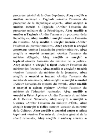 - 60 -
procureur général de la Cour Suprême», Abeẓ aneḍlib n
uneflus anmazul n Tagduda «Arrêter l’assassin du
procureur de la République adjoint», Abeẓ aneḍlib n
uneflus aserdas n Tagduda «Arrêter l’assassin du
procureur militaire de la République», Abeẓ aneḍlib n
uneflus n Tagduda «Arrêter l’assassin du procureur de la
République», Abeẓ aneḍlib n uneɣlaf «Arrêter l’assassin
du ministre», Abeẓ aneḍlib n uneɣlaf amenzu «Arrêter
l’assassin du premier ministre», Abeẓ aneḍlib n uneɣlaf
amezwaru «Arrêter l’assassin du premier ministre», Abeẓ
aneḍlib n uneɣlaf anesmigel «Arrêter l’assassin du
ministre délégué», Abeẓ aneḍlib n uneɣlaf n
teɣdemt «Arrêter l’assassin du ministre de la justice»,
Abeẓ aneḍlib n uneɣlaf n tiẓraf «Arrêter l’assassin du
ministre des finances», Abeẓ aneḍlib n uneɣlaf n tmeḍrit
«Arrêter l’assassin du ministre de la Jeunesse», Abeẓ
aneḍlib n uneɣlaf n tnezzut «Arrêter l’assassin du
ministre de commerce», Abeẓ aneḍlib n uneɣlaf n umahil
«Arrêter l’assassin du ministre du travail», Abeẓ aneḍlib
n uneɣlaf n usinen aɣelnaw «Arrêter l’assassin du
ministre de l’éducation nationale», Abeẓ aneḍlib n
uneɣlaf n Ustan Aɣelnaw «Arrêter l’assassin du ministre
de la Défense Nationale», Abeẓ aneḍlib n uneɣlaf n
Uwanak «Arrêter l’assassin du ministre d’État», Abeẓ
aneḍlib n uneɣlaf n Yidles «Arrêter l’assassin du ministre
de la Culture», Abeẓ aneḍlib n unemhal amatu n teflest
taɣelnawt «Arrêter l’assassin du directeur général de la
sûreté nationale», Abeẓ aneḍlib n uselway amenzu n
 