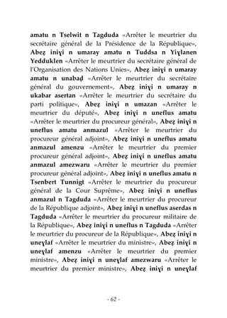 - 62 -
amatu n Tselwit n Tagduda «Arrêter le meurtrier du
secrétaire général de la Présidence de la République»,
Abeẓ iniɣi n umaray amatu n Tuddsa n Yiɣlanen
Yedduklen «Arrêter le meurtrier du secrétaire général de
l’Organisation des Nations Unies», Abeẓ iniɣi n umaray
amatu n unabaḍ «Arrêter le meurtrier du secrétaire
général du gouvernement», Abeẓ iniɣi n umaray n
ukabar asertan «Arrêter le meurtrier du secrétaire du
parti politique», Abeẓ iniɣi n umazan «Arrêter le
meurtrier du député», Abeẓ iniɣi n uneflus amatu
«Arrêter le meurtrier du procureur général», Abeẓ iniɣi n
uneflus amatu anmazul «Arrêter le meurtrier du
procureur général adjoint», Abeẓ iniɣi n uneflus amatu
anmazul amenzu «Arrêter le meurtrier du premier
procureur général adjoint», Abeẓ iniɣi n uneflus amatu
anmazul amezwaru «Arrêter le meurtrier du premier
procureur général adjoint», Abeẓ iniɣi n uneflus amatu n
Tsenbert Tunnigt «Arrêter le meurtrier du procureur
général de la Cour Suprême», Abeẓ iniɣi n uneflus
anmazul n Tagduda «Arrêter le meurtrier du procureur
de la République adjoint», Abeẓ iniɣi n uneflus aserdas n
Tagduda «Arrêter le meurtrier du procureur militaire de
la République», Abeẓ iniɣi n uneflus n Tagduda «Arrêter
le meurtrier du procureur de la République», Abeẓ iniɣi n
uneɣlaf «Arrêter le meurtrier du ministre», Abeẓ iniɣi n
uneɣlaf amenzu «Arrêter le meurtrier du premier
ministre», Abeẓ iniɣi n uneɣlaf amezwaru «Arrêter le
meurtrier du premier ministre», Abeẓ iniɣi n uneɣlaf
 
