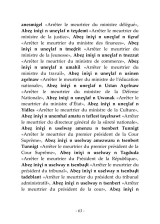 - 63 -
anesmigel «Arrêter le meurtrier du ministre délégué»,
Abeẓ iniɣi n uneɣlaf n teɣdemt «Arrêter le meurtrier du
ministre de la justice», Abeẓ iniɣi n uneɣlaf n tiẓraf
«Arrêter le meurtrier du ministre des finances», Abeẓ
iniɣi n uneɣlaf n tmeḍrit «Arrêter le meurtrier du
ministre de la Jeunesse», Abeẓ iniɣi n uneɣlaf n tnezzut
«Arrêter le meurtrier du ministre de commerce», Abeẓ
iniɣi n uneɣlaf n umahil «Arrêter le meurtrier du
ministre du travail», Abeẓ iniɣi n uneɣlaf n usinen
aɣelnaw «Arrêter le meurtrier du ministre de l’éducation
nationale», Abeẓ iniɣi n uneɣlaf n Ustan Aɣelnaw
«Arrêter le meurtrier du ministre de la Défense
Nationale», Abeẓ iniɣi n uneɣlaf n Uwanak «Arrêter le
meurtrier du ministre d’État», Abeẓ iniɣi n uneɣlaf n
Yidles «Arrêter le meurtrier du ministre de la Culture»,
Abeẓ iniɣi n unemhal amatu n teflest taɣelnawt «Arrêter
le meurtrier du directeur général de la sûreté nationale»,
Abeẓ iniɣi n uselway amenzu n tsenbert Tunnigt
«Arrêter le meurtrier du premier président de la Cour
Suprême», Abeẓ iniɣi n uselway amezwaru n tsenbert
Tunnigt «Arrêter le meurtrier du premier président de la
Cour Suprême», Abeẓ iniɣi n uselway n Tagduda
«Arrêter le meurtrier du Président de la République»,
Abeẓ iniɣi n uselway n tsenbaḍt «Arrêter le meurtrier du
président du tribunal», Abeẓ iniɣi n uselway n tsenbaḍt
tadeblant «Arrêter le meurtrier du président du tribunal
administratif», Abeẓ iniɣi n uselway n tsenbert «Arrêter
le meurtrier du président de la cour», Abeẓ iniɣi n
 