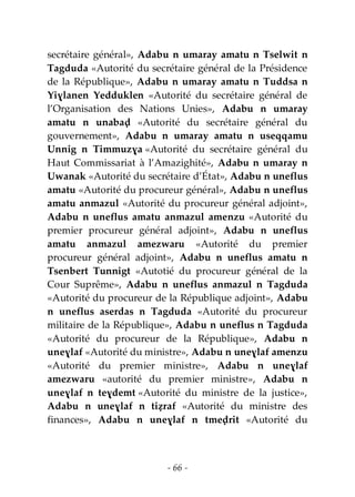 - 66 -
secrétaire général», Adabu n umaray amatu n Tselwit n
Tagduda «Autorité du secrétaire général de la Présidence
de la République», Adabu n umaray amatu n Tuddsa n
Yiɣlanen Yedduklen «Autorité du secrétaire général de
l’Organisation des Nations Unies», Adabu n umaray
amatu n unabaḍ «Autorité du secrétaire général du
gouvernement», Adabu n umaray amatu n useqqamu
Unnig n Timmuzɣa «Autorité du secrétaire général du
Haut Commissariat à l’Amazighité», Adabu n umaray n
Uwanak «Autorité du secrétaire d’État», Adabu n uneflus
amatu «Autorité du procureur général», Adabu n uneflus
amatu anmazul «Autorité du procureur général adjoint»,
Adabu n uneflus amatu anmazul amenzu «Autorité du
premier procureur général adjoint», Adabu n uneflus
amatu anmazul amezwaru «Autorité du premier
procureur général adjoint», Adabu n uneflus amatu n
Tsenbert Tunnigt «Autotié du procureur général de la
Cour Suprême», Adabu n uneflus anmazul n Tagduda
«Autorité du procureur de la République adjoint», Adabu
n uneflus aserdas n Tagduda «Autorité du procureur
militaire de la République», Adabu n uneflus n Tagduda
«Autorité du procureur de la République», Adabu n
uneɣlaf «Autorité du ministre», Adabu n uneɣlaf amenzu
«Autorité du premier ministre», Adabu n uneɣlaf
amezwaru «autorité du premier ministre», Adabu n
uneɣlaf n teɣdemt «Autorité du ministre de la justice»,
Adabu n uneɣlaf n tiẓraf «Autorité du ministre des
finances», Adabu n uneɣlaf n tmeḍrit «Autorité du
 