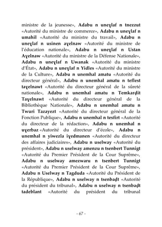 - 67 -
ministre de la jeunesse», Adabu n uneɣlaf n tnezzut
«Autorité du ministre de commerce», Adabu n uneɣlaf n
umahil «Autorité du ministre du travail», Adabu n
uneɣlaf n usinen aɣelnaw «Autorité du ministre de
l’éducation nationale», Adabu n uneɣlaf n Ustan
Aɣelnaw «Autorité du ministre de la Défense Nationale»,
Adabu n uneɣlaf n Uwanak «Autorité du ministre
d’État», Adabu n uneɣlaf n Yidles «Autorité du ministre
de la Culture», Adabu n unemhal amatu «Autorité du
directeur général», Adabu n unemhal amatu n teflest
taɣelnawt «Autorité du directeur général de la sûreté
nationale», Adabu n unemhal amatu n Temkarḍit
Taɣelnawt «Autorité du directeur général de la
Bibliothèque Nationale», Adabu n unemhal amatu n
Twuri Tazayezt «Autorité du directeur général de la
Fonction Publique», Adabu n unemhal n tesfirt «Autorité
du directeur de la rédaction», Adabu n unemhal n
uɣerbaz «Autorité du directeur d’école», Adabu n
unemhal n yiwezla iɣedmanen «Autorité du directeur
des affaires judiciaires», Adabu n uselway «Autorité du
président», Adabu n uselway amenzu n tsenbert Tunnigt
«Autorité du Premier Président de la Cour Suprême»,
Adabu n uselway amezwaru n tsenbert Tunnigt
«Autorité du Premier Président de la Cour Suprême»,
Adabu n Uselway n Tagduda «Autorité du Président de
la République», Adabu n uselway n tsenbaḍt «Autorité
du président du tribunal», Adabu n uselway n tsenbaḍt
tadeblant «Autorité du président du tribunal
 