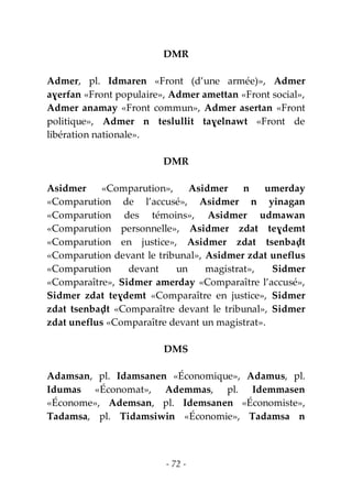 - 72 -
DMR
Admer, pl. Idmaren «Front (d’une armée)», Admer
aɣerfan «Front populaire», Admer amettan «Front social»,
Admer anamay «Front commun», Admer asertan «Front
politique», Admer n teslullit taɣelnawt «Front de
libération nationale».
DMR
Asidmer «Comparution», Asidmer n umerday
«Comparution de l’accusé», Asidmer n yinagan
«Comparution des témoins», Asidmer udmawan
«Comparution personnelle», Asidmer zdat teɣdemt
«Comparution en justice», Asidmer zdat tsenbaḍt
«Comparution devant le tribunal», Asidmer zdat uneflus
«Comparution devant un magistrat», Sidmer
«Comparaître», Sidmer amerday «Comparaître l’accusé»,
Sidmer zdat teɣdemt «Comparaître en justice», Sidmer
zdat tsenbaḍt «Comparaître devant le tribunal», Sidmer
zdat uneflus «Comparaître devant un magistrat».
DMS
Adamsan, pl. Idamsanen «Économique», Adamus, pl.
Idumas «Économat», Ademmas, pl. Idemmasen
«Économe», Ademsan, pl. Idemsanen «Économiste»,
Tadamsa, pl. Tidamsiwin «Économie», Tadamsa n
 